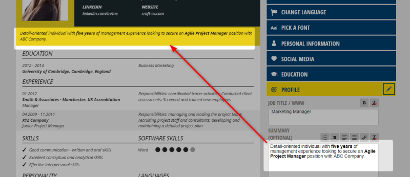 cv po angielsku profil
