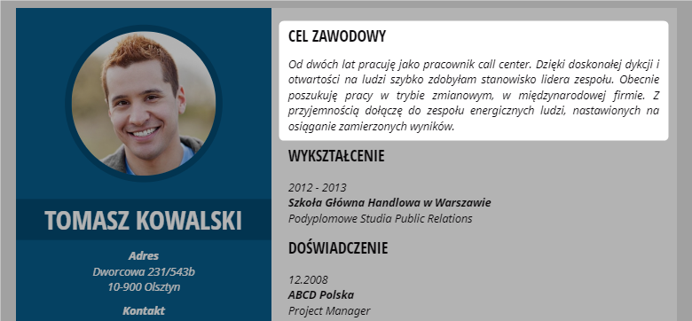 wzór cv call center